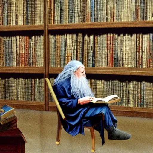 Prompt: Gandalf reading a book in the busy Library of Congress