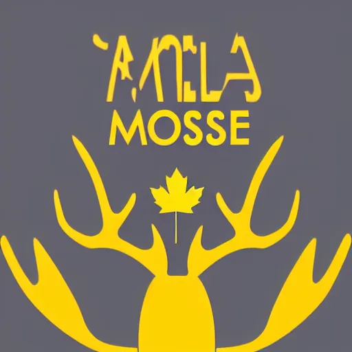 Image similar to a simple yellow moose logo, looking to the side, maple leaf antlers, black background, logo