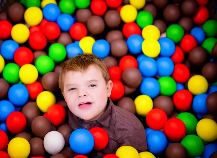 Image similar to photo still of in a ball pit filled with chocolate pudding!!!!!!!! at age 4 6 years old 4 6 years of age!!!!!!!! hiding from parents, 8 k, 8 5 mm f 1. 8, studio lighting, rim light, right side key light