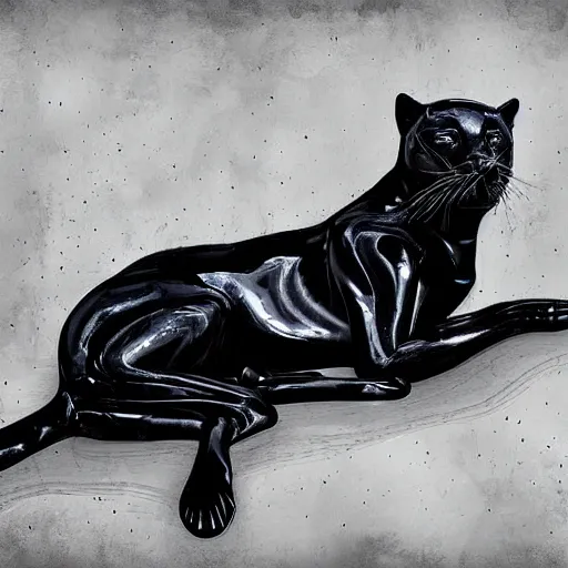 Prompt: a shiny black goo covered panther laying on a tar covered white couch in a living room, dripping and drooling black goo. digital art