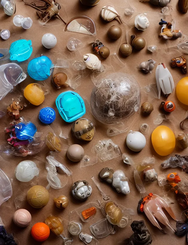 Prompt: a well - lit studio photograph of various earth - toned plastic toys floating in water, some wrinkled, some long, various sizes, textures, and transparencies, beautiful, smooth, detailed, intricate internal anatomy model