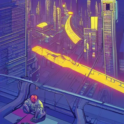 Image similar to astronaut cyberpunk surreal upside down city neon lights moebius