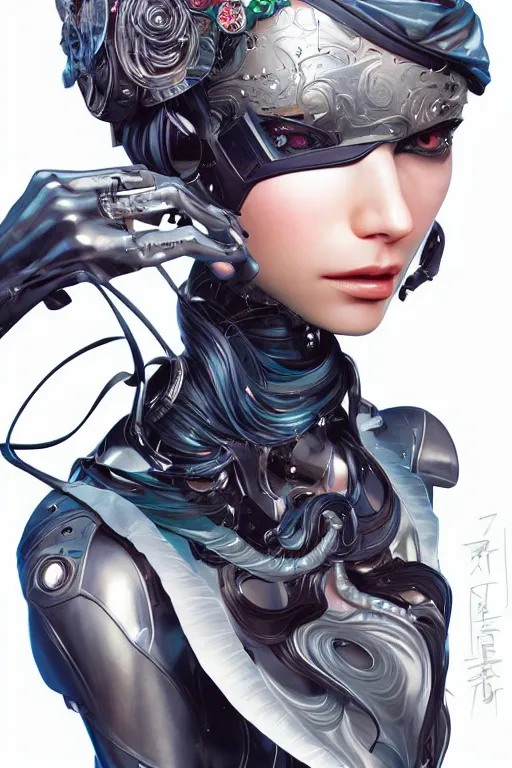 Image similar to femalecyborg head wrapped in silk, 3d, sci-fi fantasy, intricate, elegant, highly detailed, lifelike, photorealistic, digital painting, artstation, illustration, concept art, sharp focus, art in the style of Shigenori Soejima