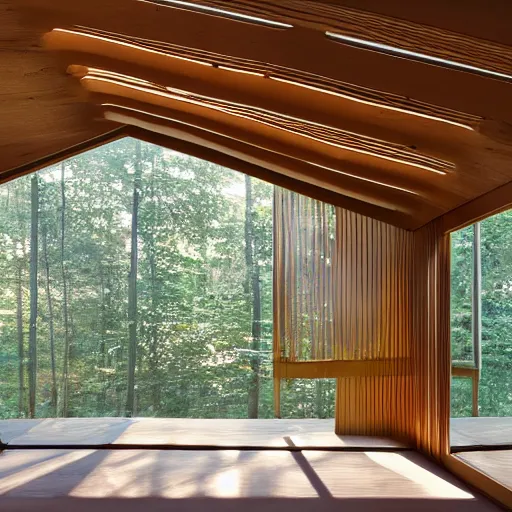 Image similar to interior photo of wood pavillion, sunbeam filtered through the ceiling, surrounded by nature, a small water mirror reflect contemporary sculptures inside the pavillion