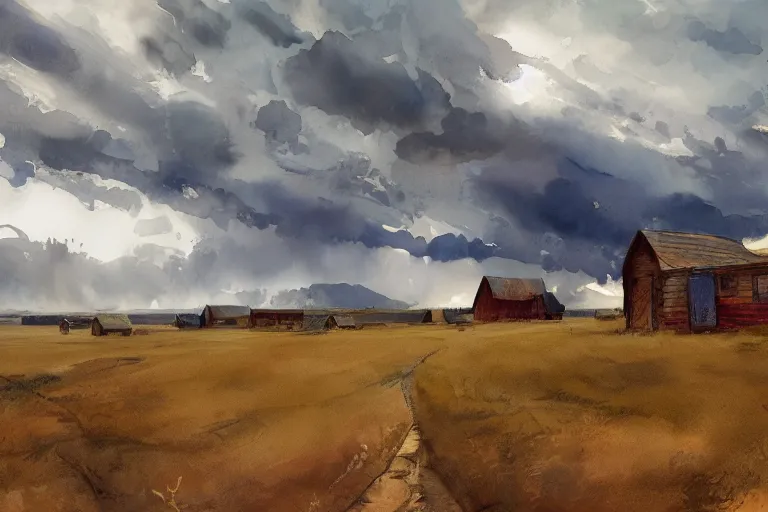 Prompt: paint brush strokes, abstract watercolor painting of american frontier western viking town, straw roof, approaching storm, cinematic light, american romanticism by hans dahl, by jesper ejsing, by anders zorn, by greg rutkowski, by greg manchess, by tyler edlin