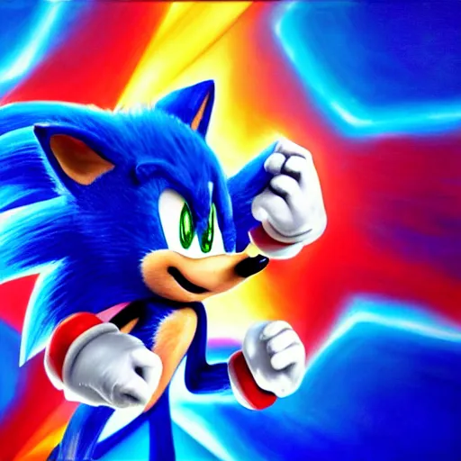 Image similar to hyperrealistic anime Sonic the Hedgehog oil painting 8k , sunset backlight