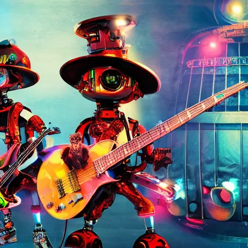 Prompt: album art, rockband with 3 steampunk robots playing guitar, text robos rock, 8 k, flourescent colors, halluzinogenic, multicolored, exaggerated detailed, front shot, 3 d render, octane