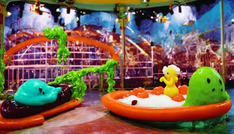 Image similar to 1990s photo of inside the Slime Friends Snow Potato Show ride at Universal Studios in Orlando, Florida, riding a hotdog through a dinner plate world, cinematic, UHD