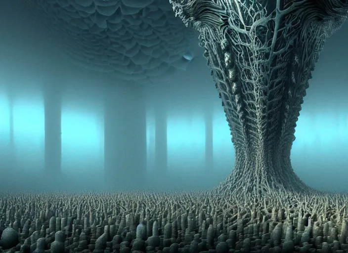 Prompt: underwater fractal of the crowd of people of last survivors on earth witness the end of the world, big fire forest pillar in the center, big titan creature apocalypse scene, by giger and vladimir kush, au naturel, hyper detailed, digital art, trending in artstation, cinematic lighting, studio quality, smooth render, octane rendered...