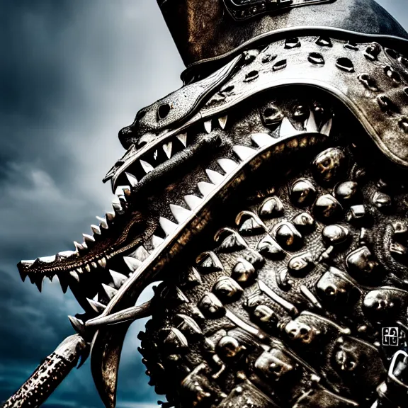 Image similar to photo of a warrior with metal crocodile theme armour, 4 k, hdr, smooth, sharp focus, high resolution, award - winning photo