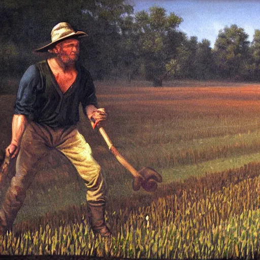 Prompt: - realistic painting of, cain tilling the field, in the style of miguelangel