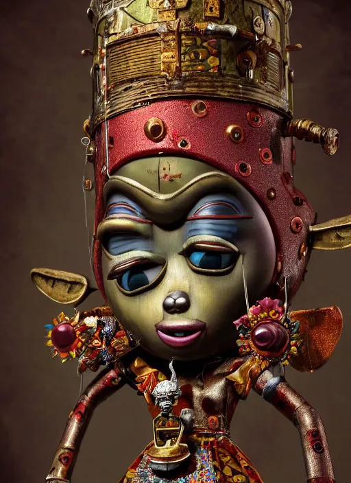 Prompt: highly detailed closeup, portrait of a tin toy voodoo priestess, unreal engine, nicoletta ceccoli, mark ryden, earl norem, lostfish, global illumination, detailed and intricate environment