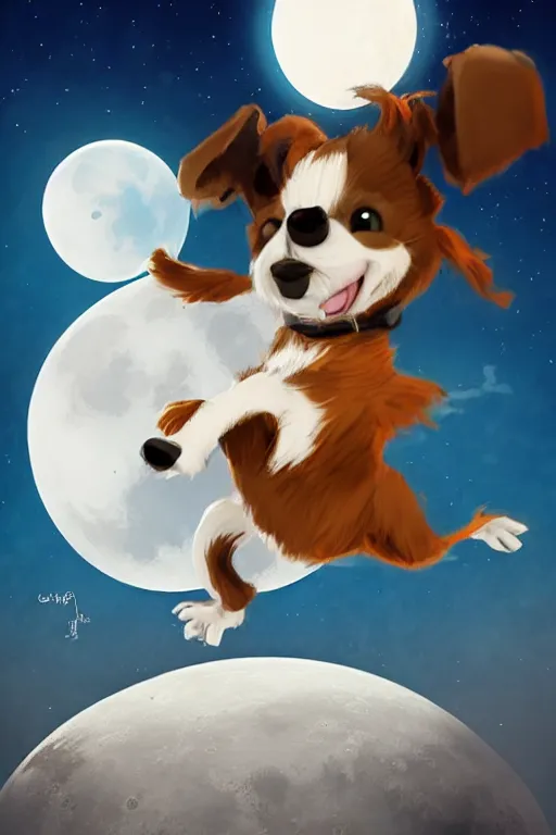 Image similar to cute jack black and white russel terrier jumping over a smiling moon, large round eyes, concept art, game art, character sheet, character design, by cory loftis and bill schwab