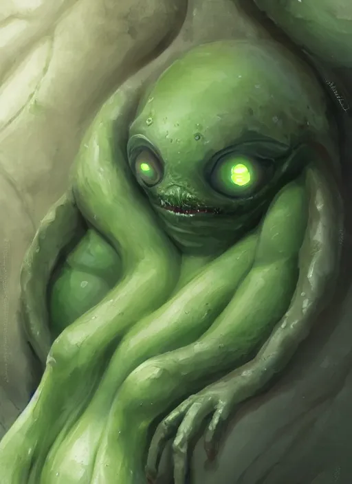 Image similar to portrait of my waifu cute innocent green amorphous blob, slimy alien creature with adorable uwu eyes, it has several human arms out stretched to grab me. painted by greg rutkowski, wlop,,