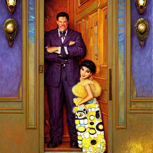 Image similar to portrait of sulley from monsters inc in front of house door. painting by gaston bussiere craig mullins jc leyendecker gustav klimt artgerm greg rutkowski john berkey, bergey, craig mullins, ruan jia, raymond swanland, tom lovell