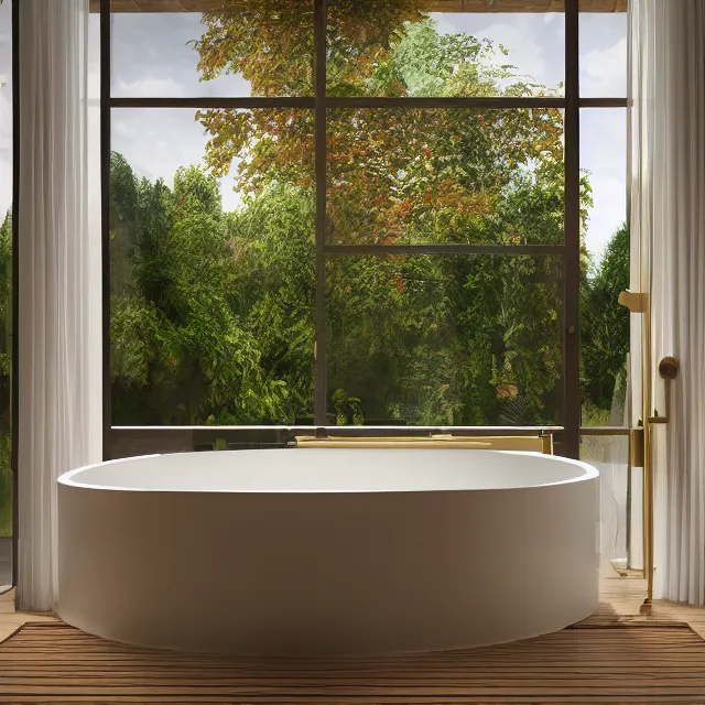 Image similar to post and beam bathroom interior, bathtub with golden faucet, wood cabinets, marble floor, large window in back with fall foliage river view, large potted plant, realistic, unreal engine render, octane render, hyper realistic, photo, 8 k