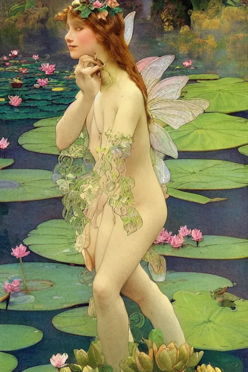 Image similar to a beautiful dressed faerie in a waterlily pond, detailed, rainbowshift, by maxfield parrish, alphonse mucha, brian froud