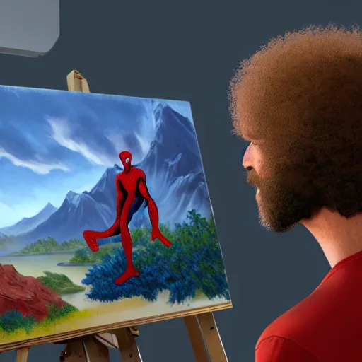 Image similar to a closeup photorealistic photograph of bob ross working on a canvas painting of spiderman. film still. brightly lit scene. mountains and trees. this 4 k hd image is trending on artstation, featured on behance, well - rendered, extra crisp, features intricate detail, epic composition and the style of unreal engine.