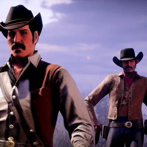 Prompt: Film still of Freddy Mercury, from Red Dead Redemption 2 (2018 video game), no hat, no shirt