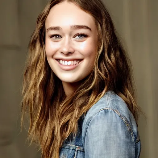 Image similar to alycia debnam carey smiling at camera posing for photograph, award winning photograph, HDR ,reflection, natural pose, natural lighting,