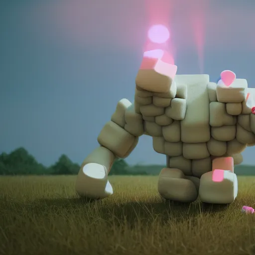 Image similar to A Marshmallow Golem wandering a candy landscape, mystical, mysterious, magical, Octane Render, Raytracing, 135mm camera lens