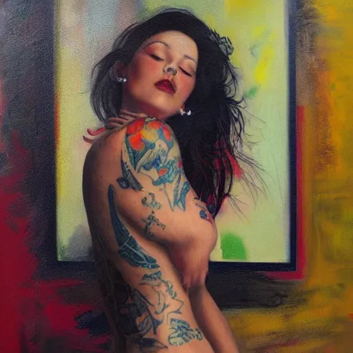 Image similar to painting of a beautiful woman with tattoos by hollis dunlap