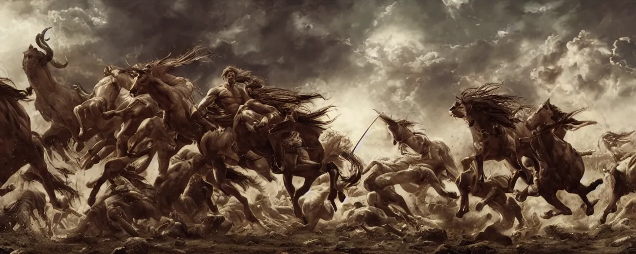 Prompt: centaur battle, biblical scene by lee bermejo and greg rutkowski