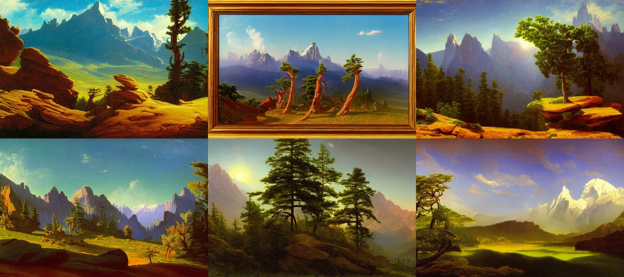 Prompt: rocky mountains landscape in the style of dr. seuss, starships, painting by albert bierstadt