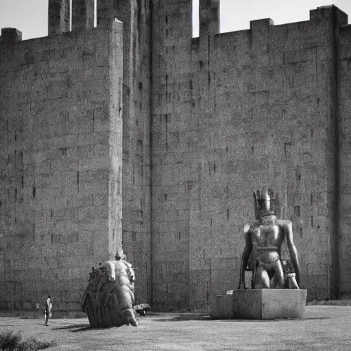 Prompt: scifi brutalist monumental castle, behemoth standing on a hill, with brutalist statues, photography