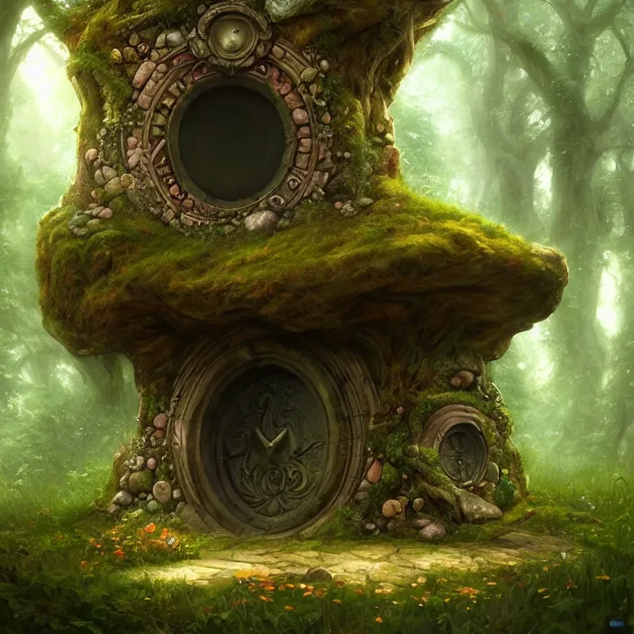 Image similar to Fantasy Magical fairy-tale stone portal in the forest. Round stone portal teleport in trees to other worlds. Fantastic landscape. Magic Altar in the fores, highly detailed, digital painting, artstation, concept art, smooth, sharp focus, illustration, art by artgerm and greg rutkowski and alphonse mucha