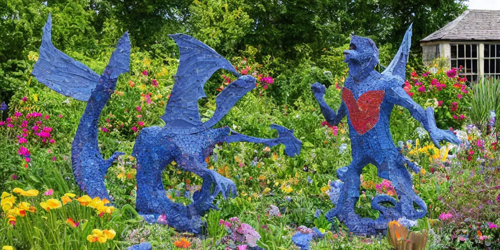 Image similar to folk art garden sculptures in an english cottage garden, cottagecore flower garden, concrete sculpture of a wyvern, colorful mosaic, sculpture by wouterina de raad!!!, art by james tellen, highly detailed, realistic anatomical proportions, textured hand built concrete sculpture, amazing concrete sculpture, 4 k