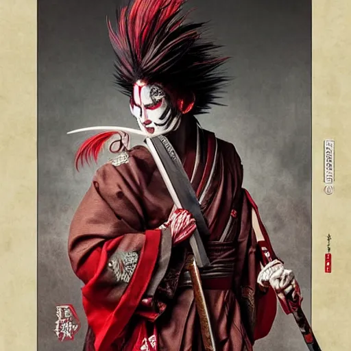 Prompt: an epic portrait of insane kabuki male wielding a spear and doing the nirami covered in a magical mist of insanity, intricate hakama, poofy red wig, eerie, highly detailed, dark fantasy, art by artgerm and greg rutkowski