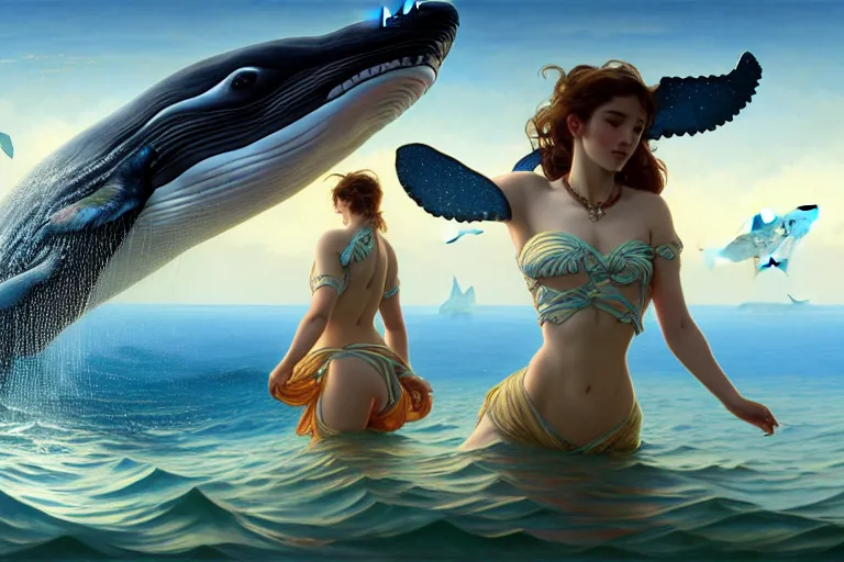 Prompt: painting of a panorama distance view of under the water, wearing beautiful clothes, hyper detailed cg rendering of a cute girl and whale, elegant, highly detailed, digital painting, artstation, concept art, smooth, sharp focus, illustration, art by artgerm and greg rutkowski and alphonse mucha, 8 k