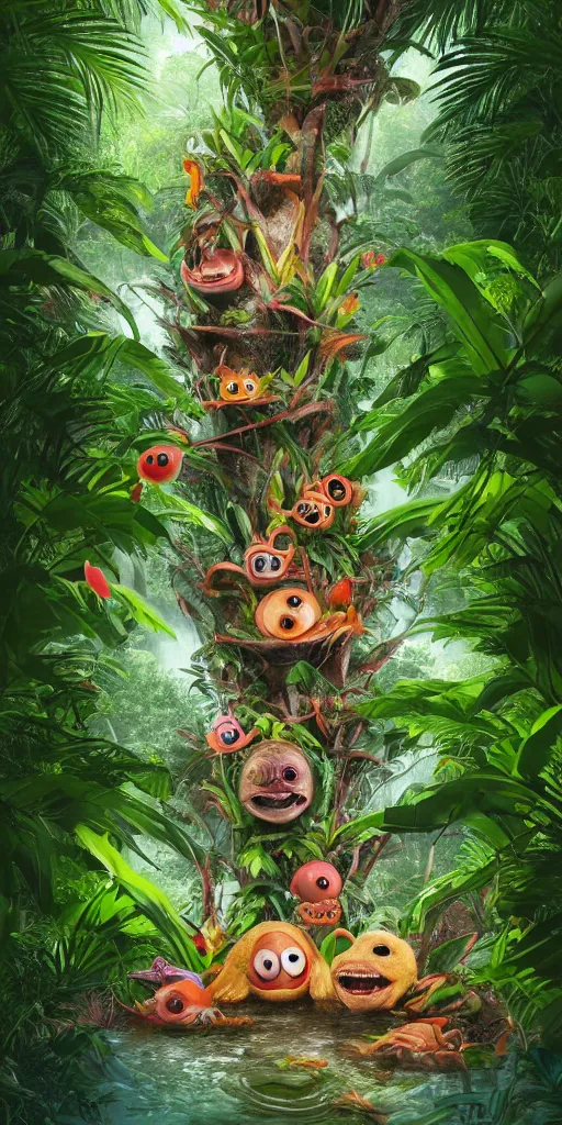 Image similar to of a tropical rainforest lake with strange cute friendly happy creatures with huge eyes, mouth, long tongue, round teeth and goofy face, appearing from the treesl, in the style of gehry and gaudi, macro lens, shallow depth of field, ultra detailed, digital painting, trending artstation, concept art, illustration, cinematic lighting, photorealism, epic, octane render