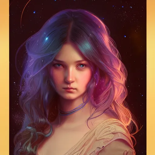 Image similar to aurora, girl with super long hair, hair becoming bright stars, intricate, highly detailed, digital painting, artstation, concept art, smooth, sharp focus, illustration, unreal engine 5, 8 k, art by artgerm and greg rutkowski and alphonse mucha