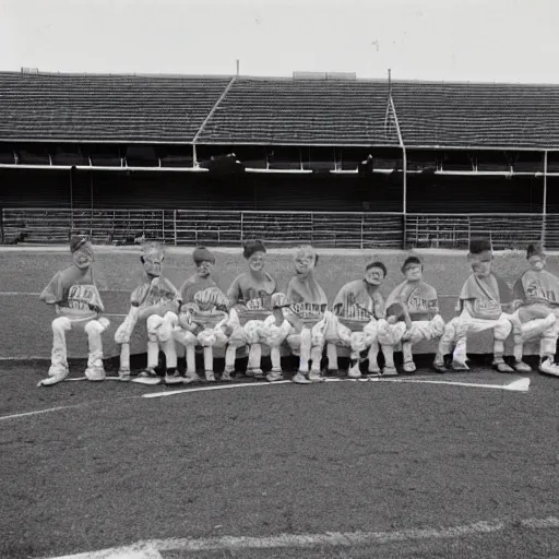 Prompt: 70mm photo of a youth baseball team trying to eat the bleachers, but the coaches are pulling them away