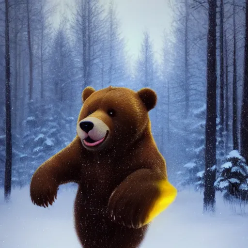 Prompt: smiling brown bear playing yellow Flying-V in hat in winter at streets of Moscow, sharp focus, fantasy style, octane render, volumetric lighting, 8k high definition, by greg rutkowski, highly detailed, trending on art Station