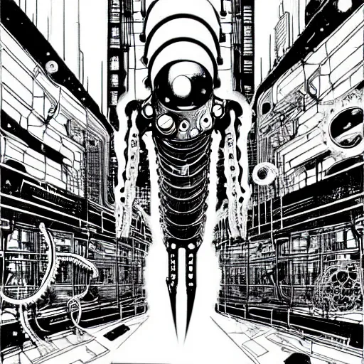 Image similar to sad biological androids with tentacles, through a huge cybernetic megastructure multi - level metropolis in space, black and white, by nihei tsutomu