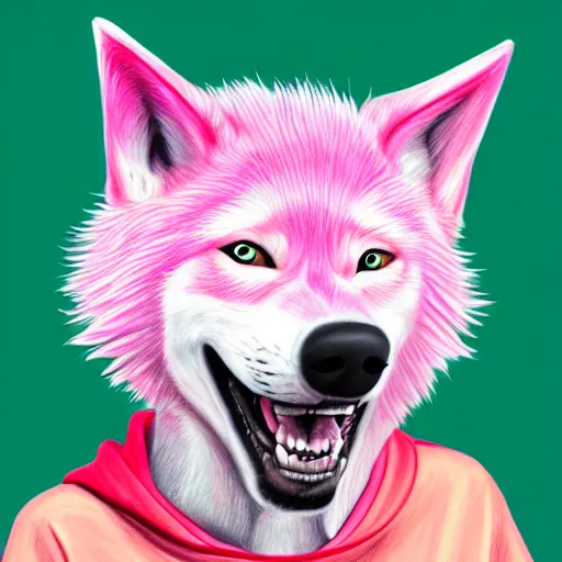 Image similar to a highly detailed portrait drawing of a cute teen boy with pink hair and pink wolf ears, smiling, waring a collar and a hoodie, artstation, fantasy