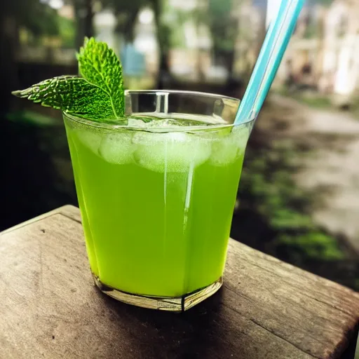 Prompt: green drink in a glass on an old table