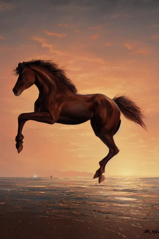 Prompt: a horse running on the beach at sunset by greg rutkowski