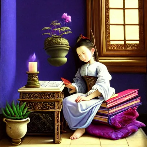 Image similar to a highly detailed fantasy pastel oil painting of a young wizard in ornate clothing lounging on a purpur pillow on the marble floor in front of her bookcase, studying an ancient tome. to the side is a potted plant and some blue candles. ancient oriental fantasy setting. in the style vermeer, yoshitaka amano and mark tedin