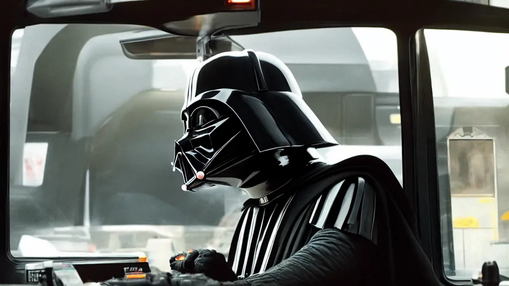 Image similar to Darth Vader working Mcdonalds Drive through, film still from the movie directed by Denis Villeneuve with art direction by Salvador Dalí, wide lens