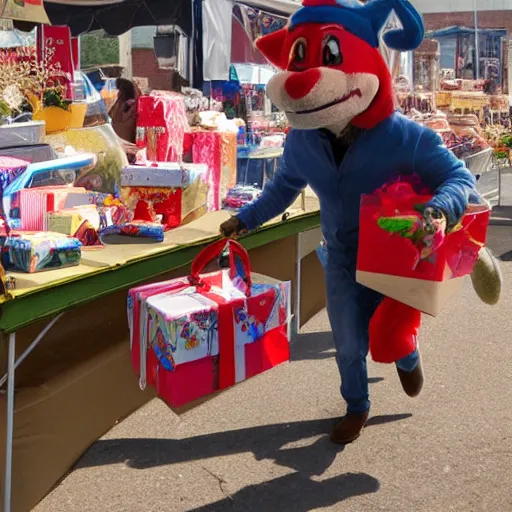 Image similar to hyperrealistic photo of the Snappy Gifts mascot delivering gifts in a flea market