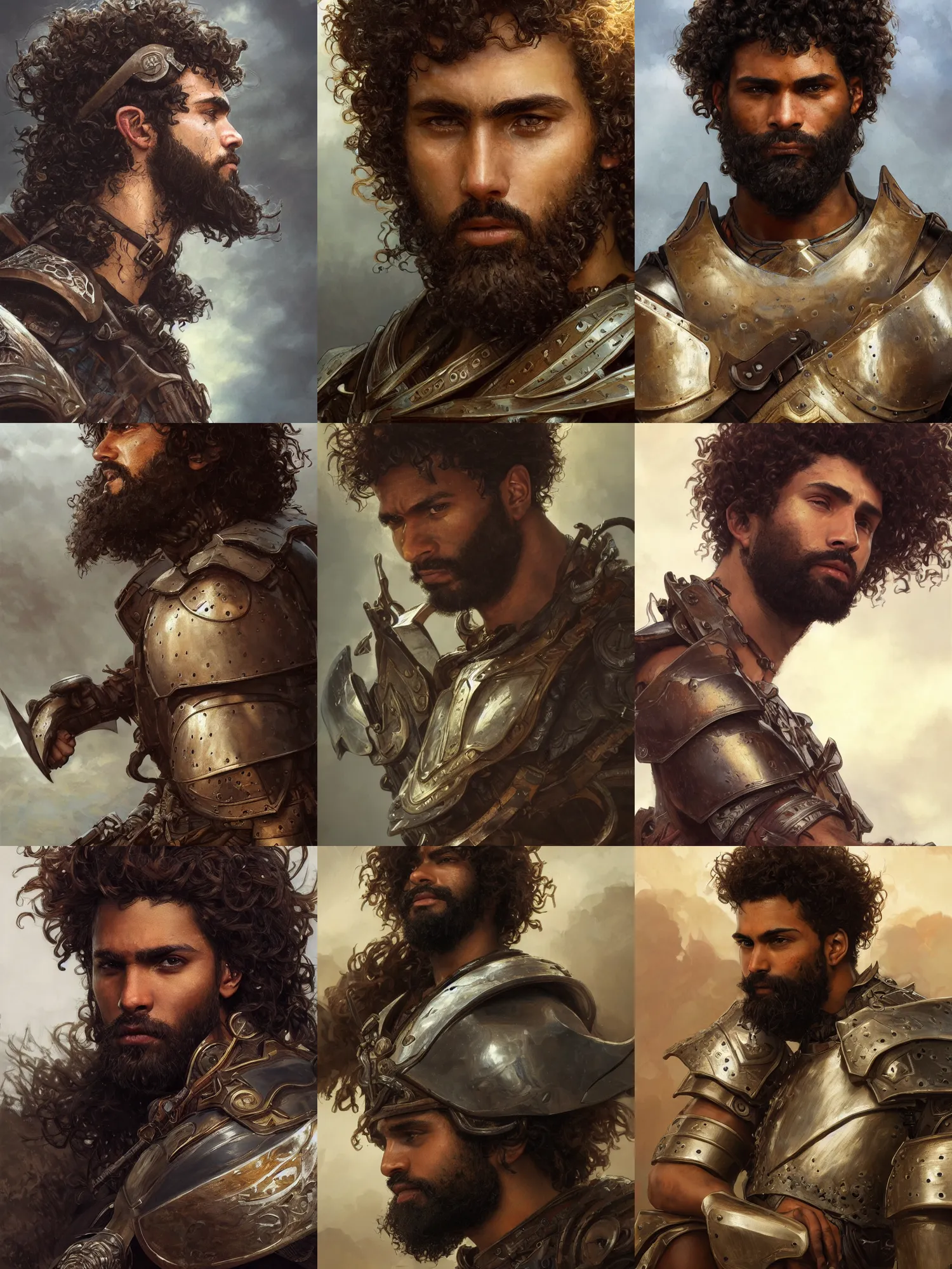 Prompt: close up picture of a male warrior looking at the sky, black plate armor, simple, brown skin, messy curly hair, unkempt beard, highly detailed, detailed face, smooth, sharp focus, chiaroscuro, digital painting, artgerm, greg rutkowski, alphonse mucha