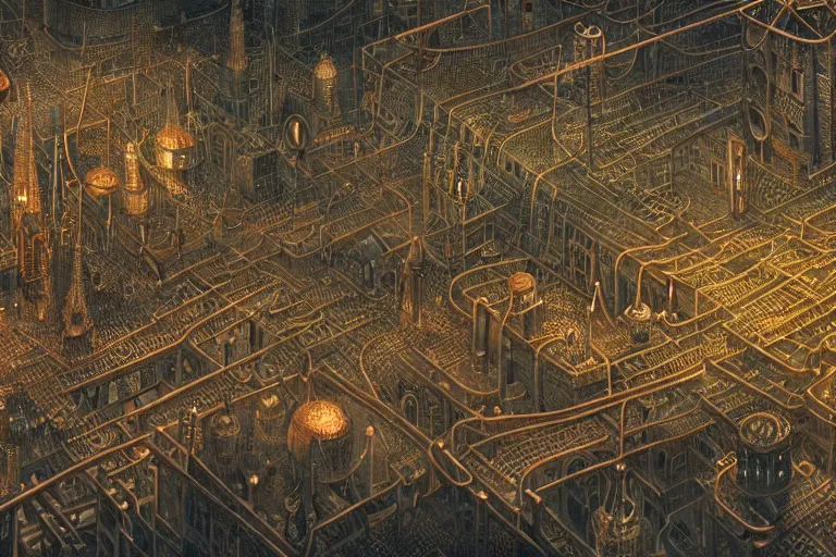 Prompt: an elaborate penned illustration of a apocalyptic intricate connected city of tubes and pipes, muted colors, copper pipers, by jan van haasteren and jheronimus bosch, unreal engine, physically based rendering, ariel view, tilt - shift, grim, moody, shiny, reflective, cinematic