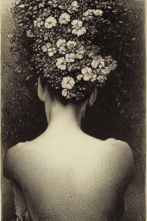 Image similar to extreme close-up portrait of a beautiful french woman from behind with flower in the head, forest background, Gustave Dore lithography