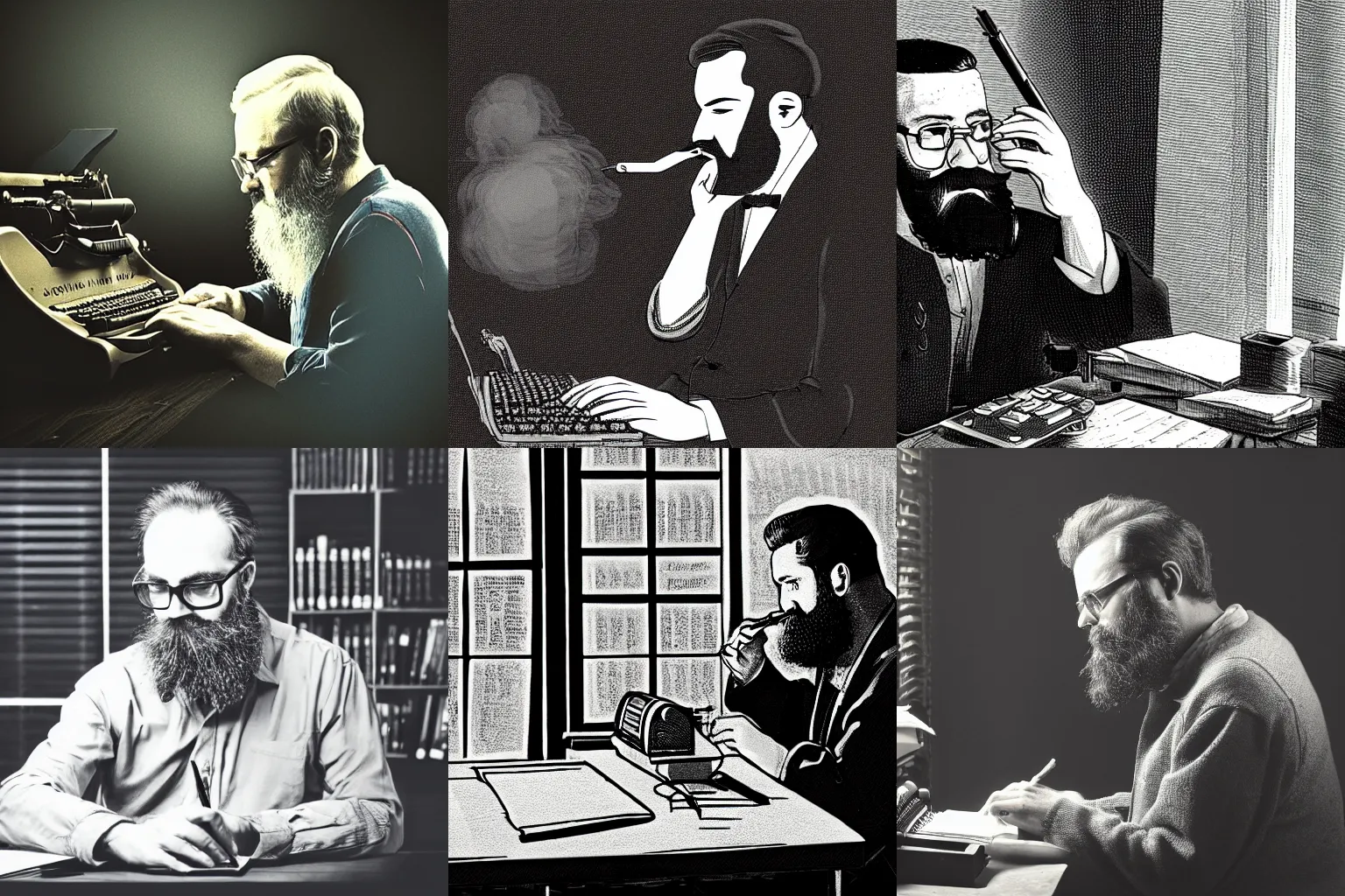 Image similar to middle-aged writer with a beard sitting at his desk writing on a typewriter and smoking a cigarette, digital art, dramatic lighting