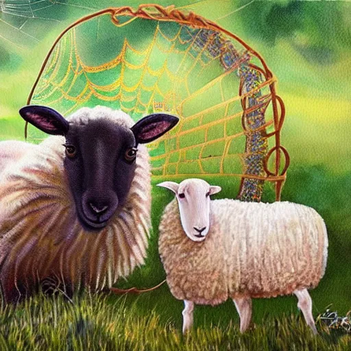 Image similar to a beautiful painting the sheep included a spider web, hyper realistic