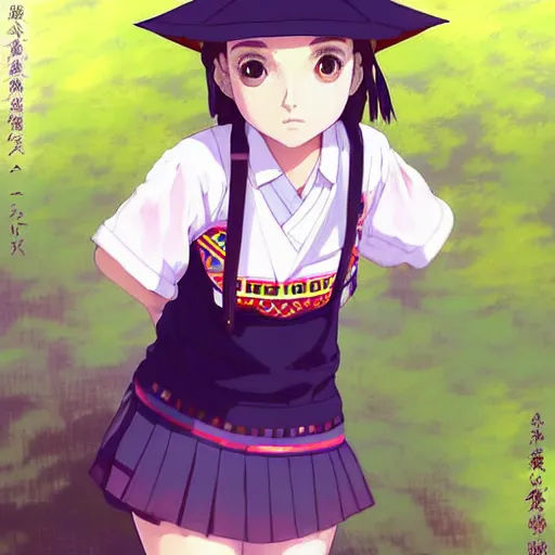 Image similar to a beautiful! boyish! natalie portman alluring gravure! model, wearing japanese school girl outfit with mayan pattern and native style, aztec street fashion, gapmoe yandere grimdark, trending on pixiv fanbox, painted by greg rutkowski makoto shinkai takashi takeuchi studio ghibli, akihiko yoshida